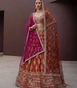Orange Embroidered Silk Blend Zari Work Lehenga Choli - Free size
