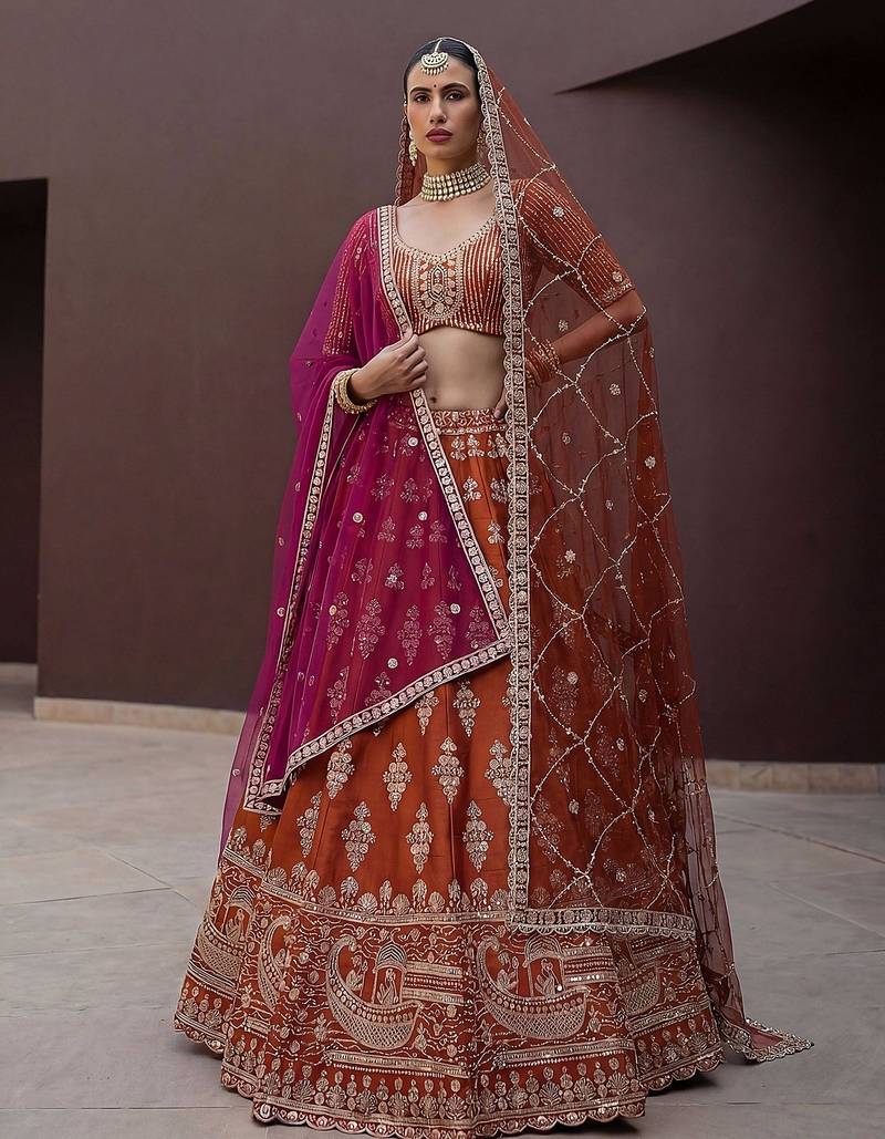 Orange Embroidered Silk Blend Zari Work Lehenga Choli - Free size