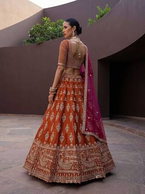 Orange Embroidered Silk Blend Zari Work Lehenga Choli - Free size 2