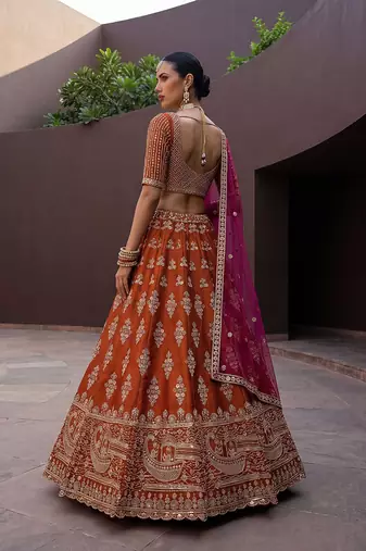 Orange Embroidered Silk Blend Zari Work Lehenga Choli - Free size