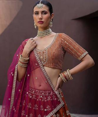 Orange Embroidered Silk Blend Zari Work Lehenga Choli - Free size 3