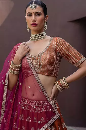 Orange Embroidered Silk Blend Zari Work Lehenga Choli - Free size