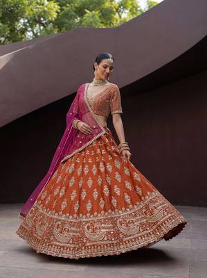 Orange Embroidered Silk Blend Zari Work Lehenga Choli - Free size 4