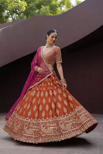 Orange Embroidered Silk Blend Zari Work Lehenga Choli - Free size