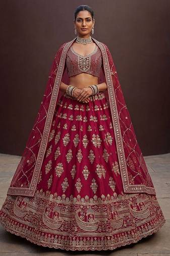 Red Embroidered Silk Blend Zari Work Lehenga Choli - Free size