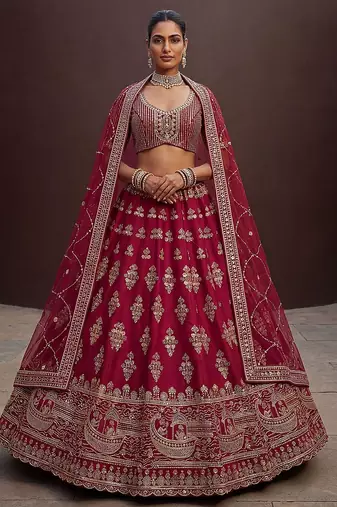 Red Embroidered Silk Blend Zari Work Lehenga Choli - Free size
