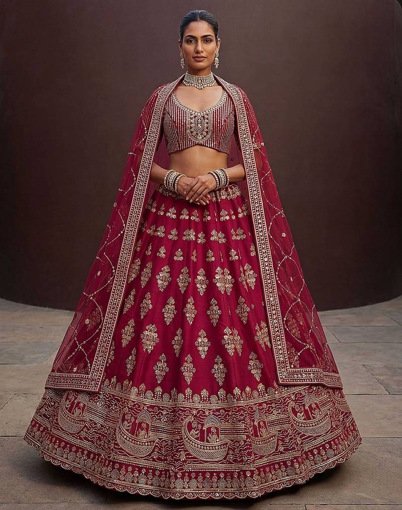 Red Embroidered Silk Blend Zari Work Lehenga Choli - Free size