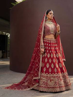 Red Embroidered Silk Blend Zari Work Lehenga Choli - Free size 2