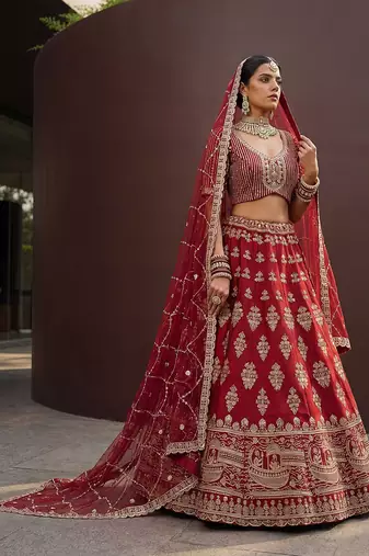 Red Embroidered Silk Blend Zari Work Lehenga Choli - Free size