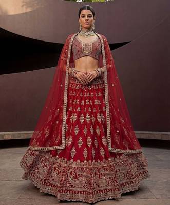Red Embroidered Silk Blend Zari Work Lehenga Choli - Free size 3
