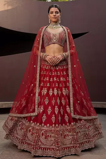 Red Embroidered Silk Blend Zari Work Lehenga Choli - Free size
