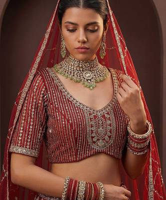 Red Embroidered Silk Blend Zari Work Lehenga Choli - Free size 4