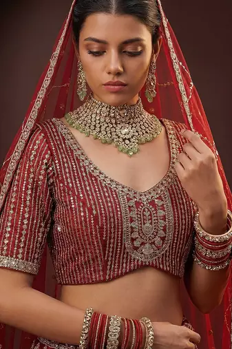 Red Embroidered Silk Blend Zari Work Lehenga Choli - Free size