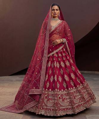 Rani Pink Embroidered Silk Blend Zari Work Lehenga Choli - Free size 1