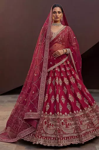 Rani Pink Embroidered Silk Blend Zari Work Lehenga Choli - Free size