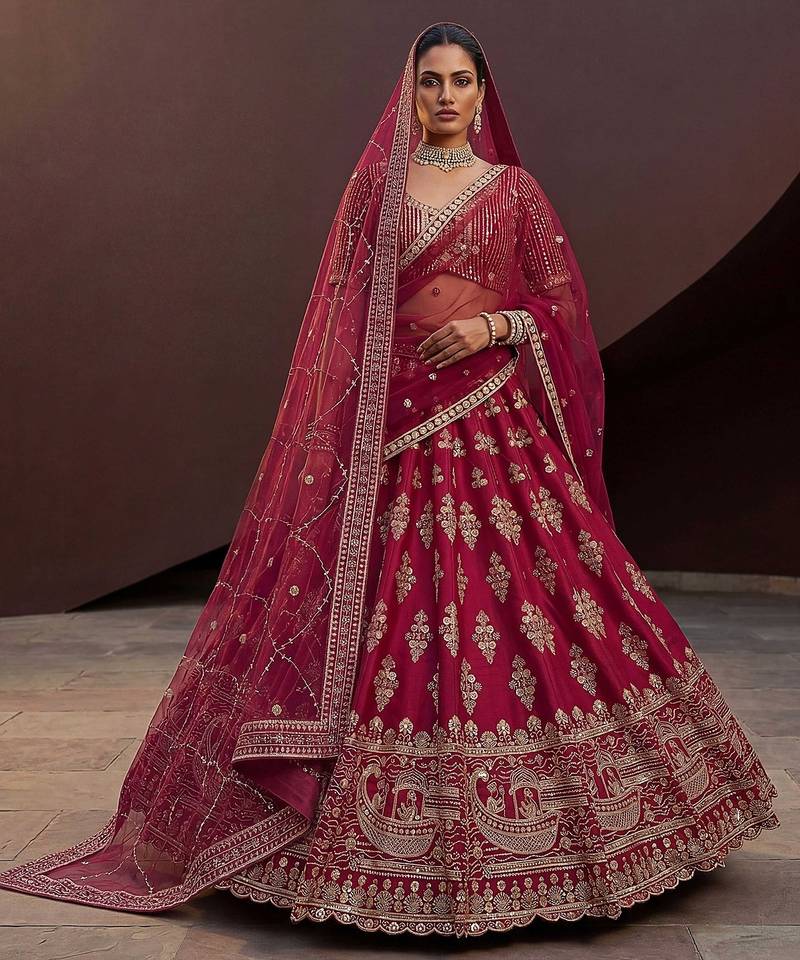 Rani Pink Embroidered Silk Blend Zari Work Lehenga Choli - Free size