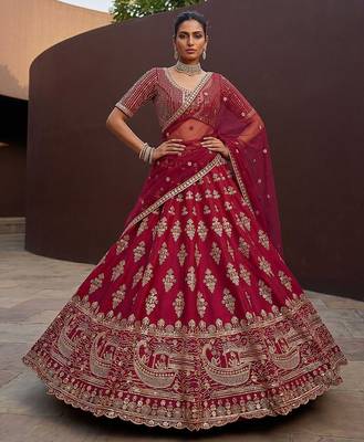 Rani Pink Embroidered Silk Blend Zari Work Lehenga Choli - Free size 2