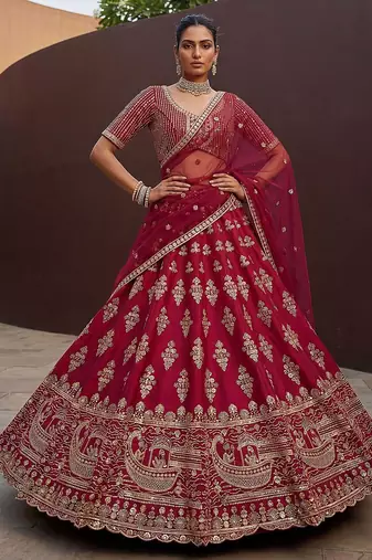 Rani Pink Embroidered Silk Blend Zari Work Lehenga Choli - Free size