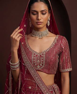 Rani Pink Embroidered Silk Blend Zari Work Lehenga Choli - Free size 3
