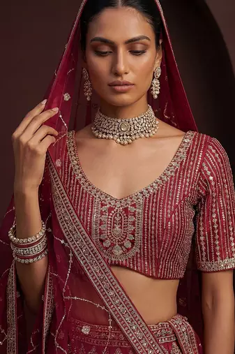 Rani Pink Embroidered Silk Blend Zari Work Lehenga Choli - Free size