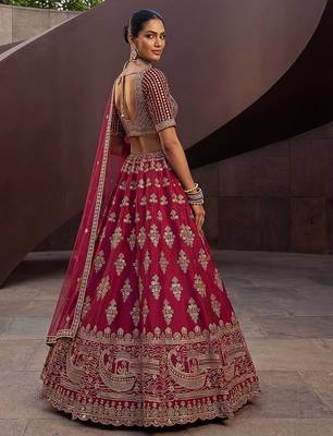 Rani Pink Embroidered Silk Blend Zari Work Lehenga Choli - Free size 4