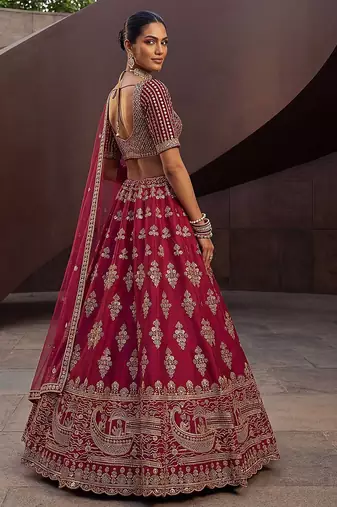 Rani Pink Embroidered Silk Blend Zari Work Lehenga Choli - Free size