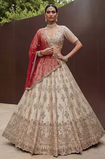 Off White Embroidered Silk Blend Zari Work Lehenga Choli - Free size