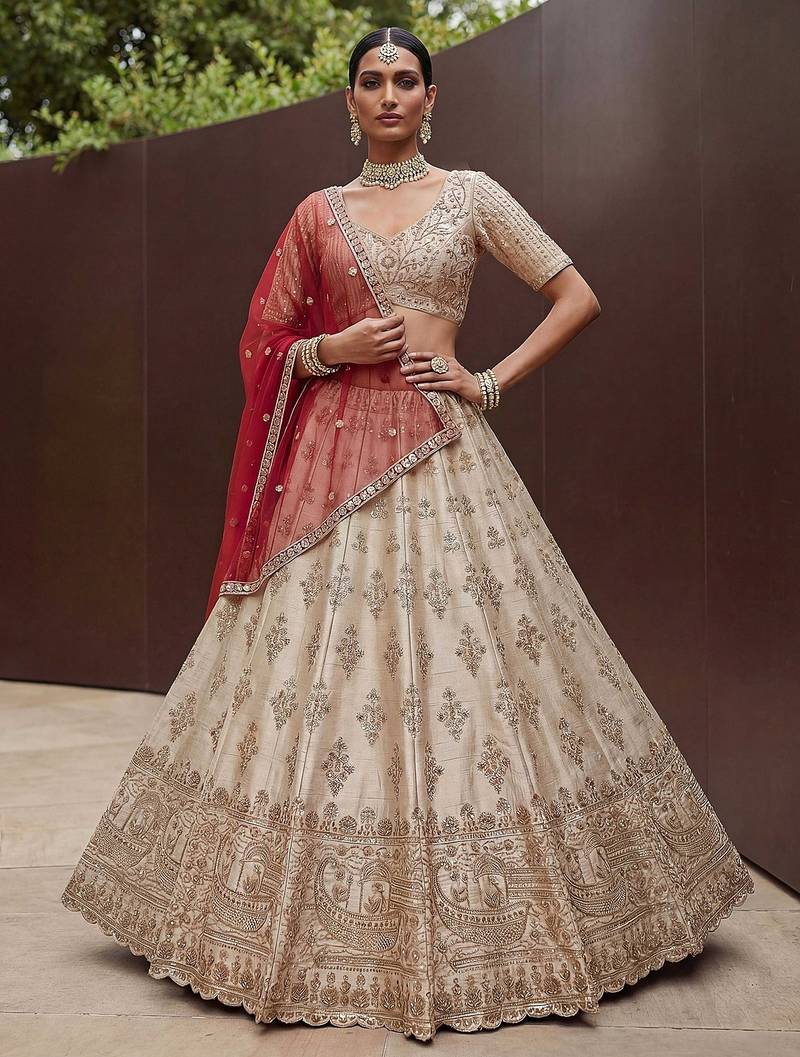 Off White Embroidered Silk Blend Zari Work Lehenga Choli - Free size