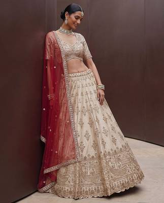 Off White Embroidered Silk Blend Zari Work Lehenga Choli - Free size 2