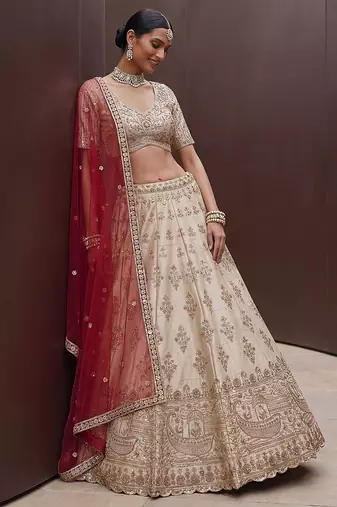 Off White Embroidered Silk Blend Zari Work Lehenga Choli - Free size