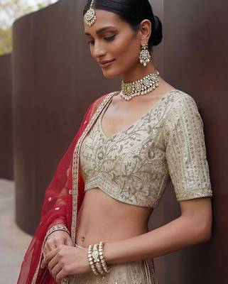 Off White Embroidered Silk Blend Zari Work Lehenga Choli - Free size 3