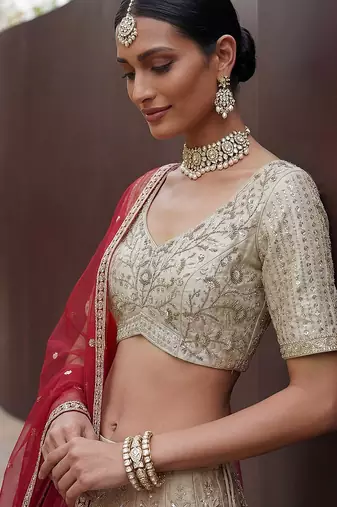 Off White Embroidered Silk Blend Zari Work Lehenga Choli - Free size