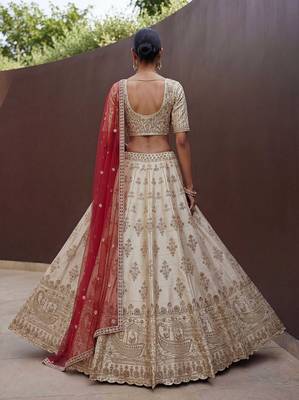 Off White Embroidered Silk Blend Zari Work Lehenga Choli - Free size 4
