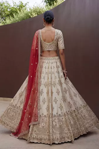 Off White Embroidered Silk Blend Zari Work Lehenga Choli - Free size