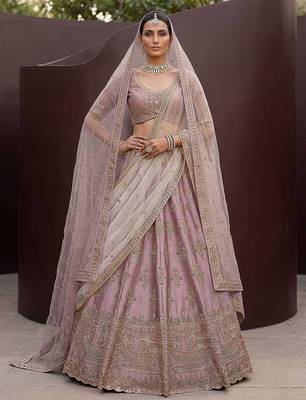 Lilac Embroidered Silk Blend Zari Work Lehenga Choli - Free size 1