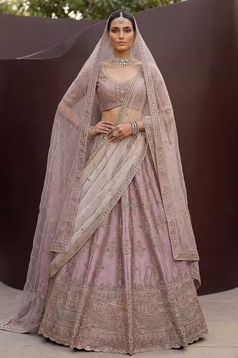 Lilac Embroidered Silk Blend Zari Work Lehenga Choli - Free size
