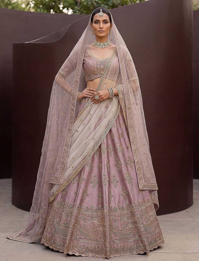 Lilac Embroidered Silk Blend Zari Work Lehenga Choli - Free size