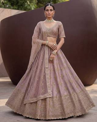 Lilac Embroidered Silk Blend Zari Work Lehenga Choli - Free size 2