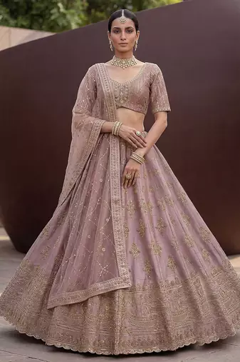 Lilac Embroidered Silk Blend Zari Work Lehenga Choli - Free size