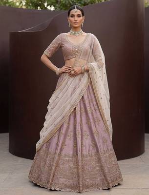 Lilac Embroidered Silk Blend Zari Work Lehenga Choli - Free size 3