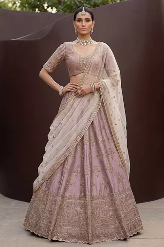 Lilac Embroidered Silk Blend Zari Work Lehenga Choli - Free size