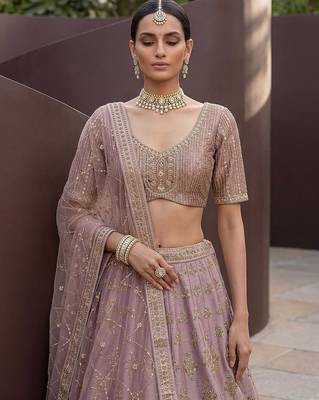 Lilac Embroidered Silk Blend Zari Work Lehenga Choli - Free size 4