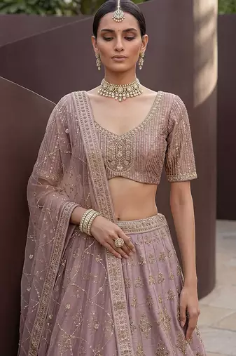 Lilac Embroidered Silk Blend Zari Work Lehenga Choli - Free size