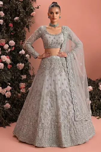 Blue Embroidered Net Zari Work Lehenga Choli - Free size