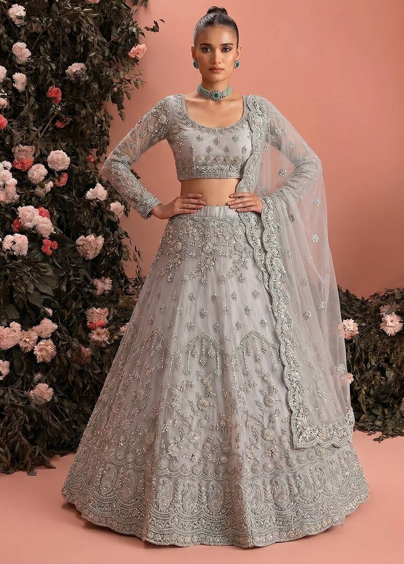 Blue Embroidered Net Zari Work Lehenga Choli - Free size