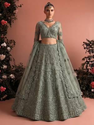 Sea Green Embroidered Net Zari Work Lehenga Choli - Free size 1