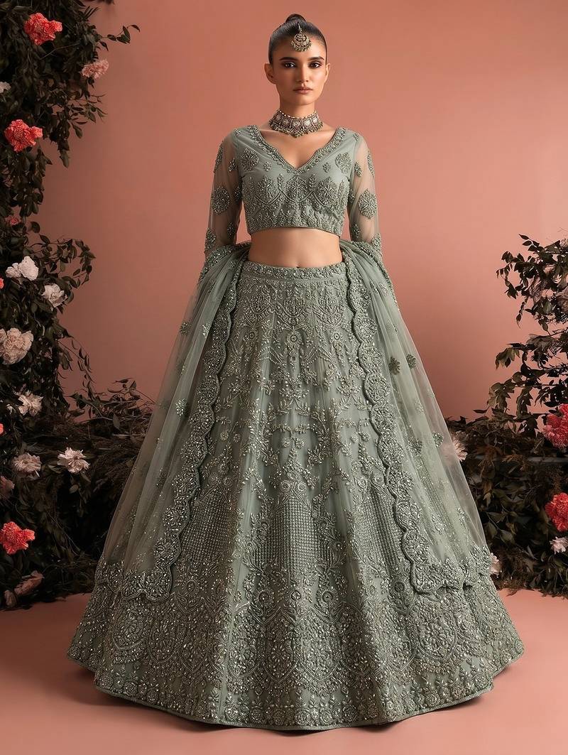 Sea Green Embroidered Net Zari Work Lehenga Choli - Free size