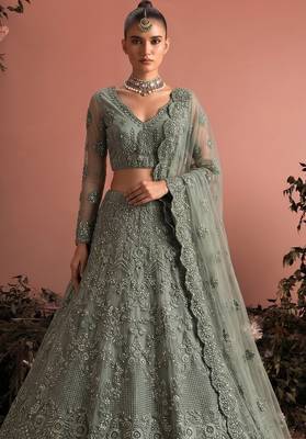 Sea Green Embroidered Net Zari Work Lehenga Choli - Free size 2