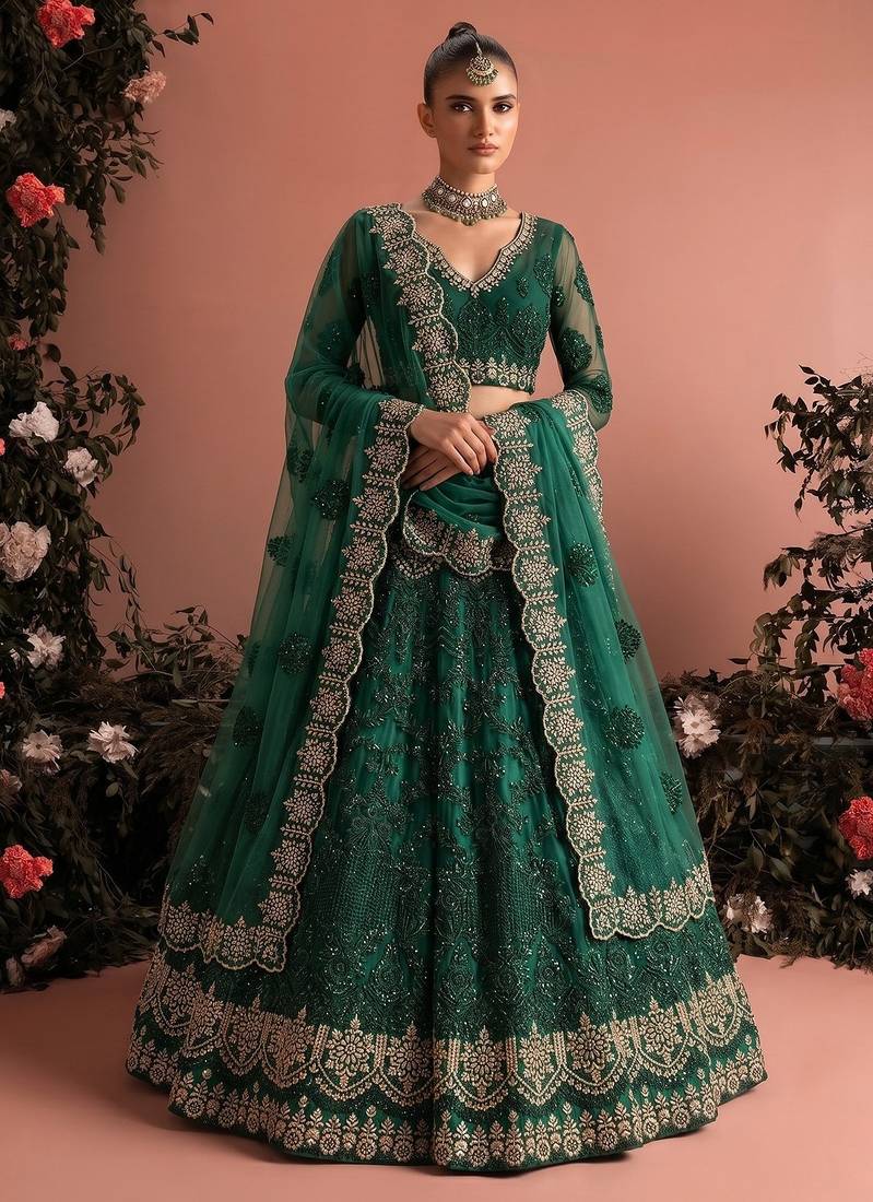 Green Embroidered Net Zari Work Lehenga Choli - Free size