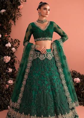 Green Embroidered Net Zari Work Lehenga Choli - Free size 2